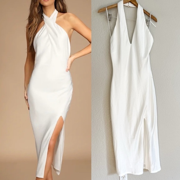 NWOT Beyond Classy White Satin Halter Midi Dress - Picture 1 of 5